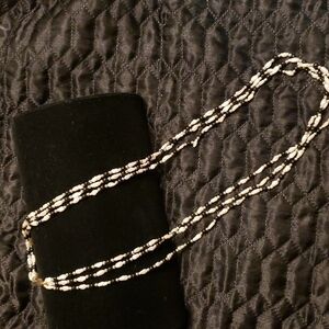 Freshwater sead pearls, black glass, and gold beads 30 inch necklace